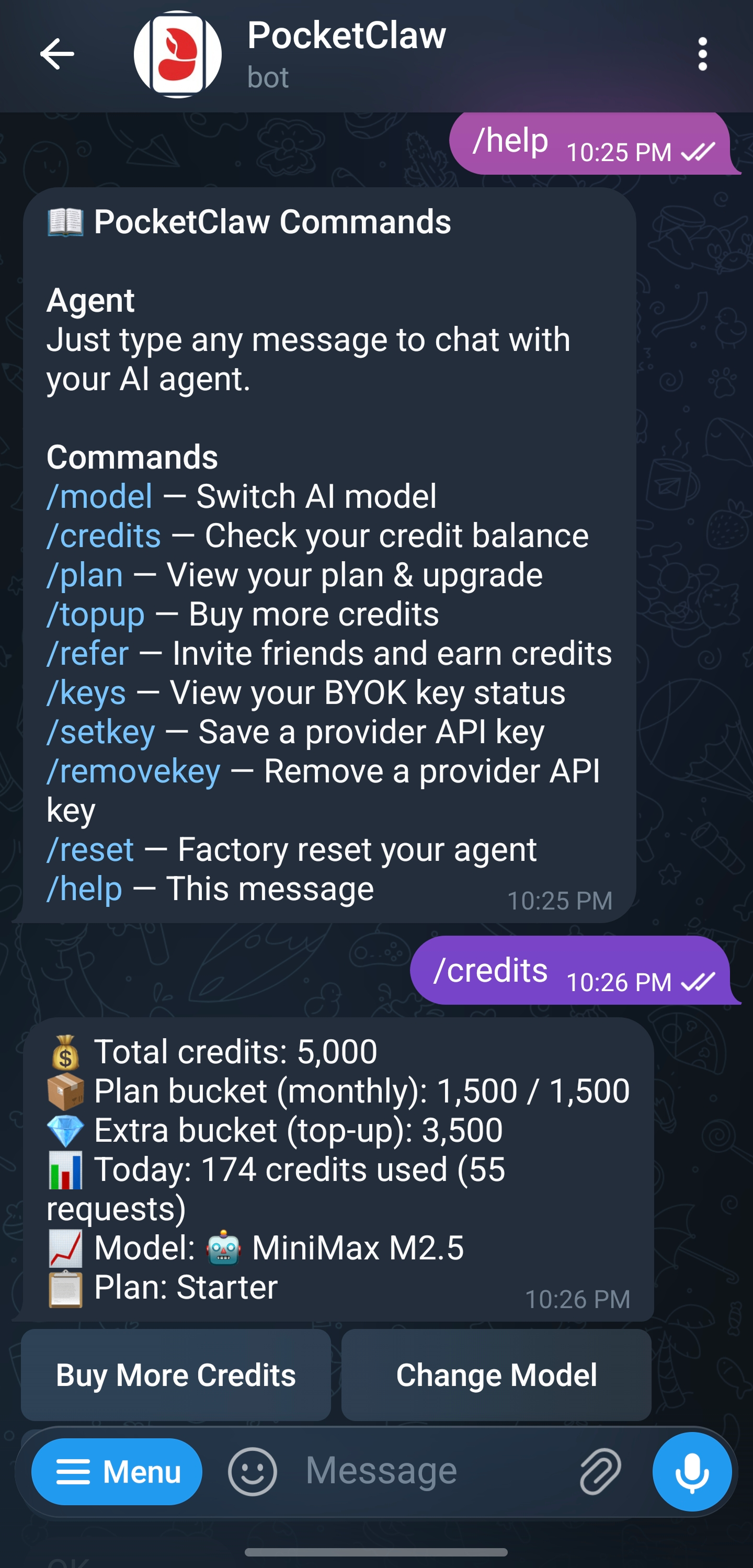 Managed mode command menu and credit tracking
